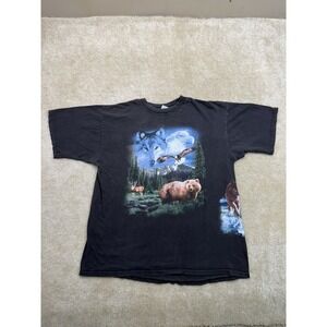 Vintage Animal Tee Shirt Mens XL Black Wolf Bear Wrap Around Print Wildlife